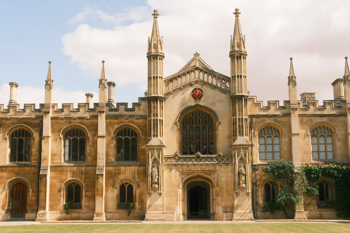 Front view of stunning Gothic architecture at Cambridge University.