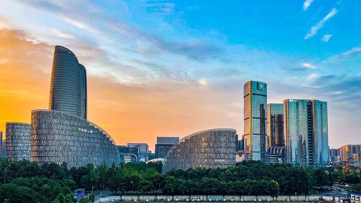 Mauritius financial center with glass buildings and pedestrians