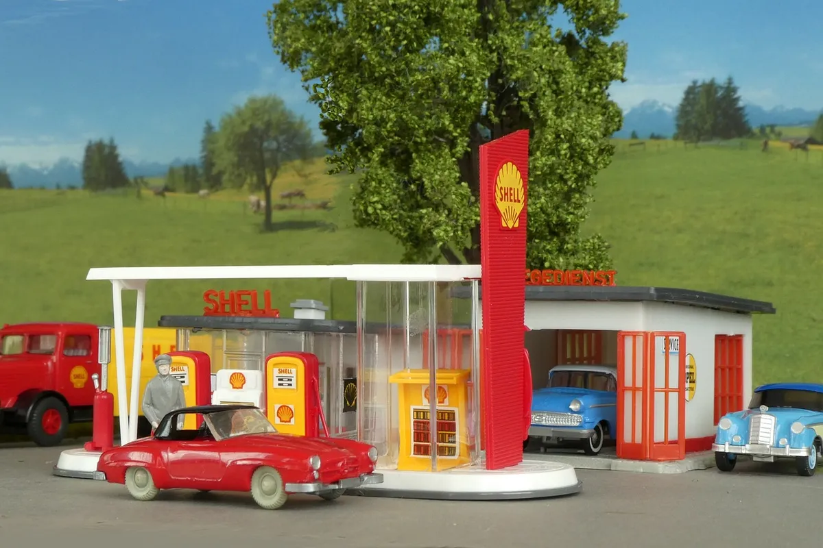 gas station, model, model cars, car models, model train, diorama, fifties, economic miracle, toy, retro, historical, gas station, gas station, gas station, gas