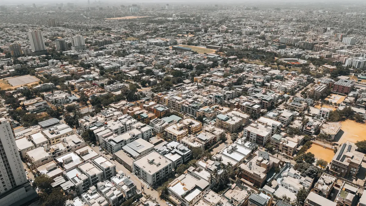 Aerial view of Karachi's urban landscape, showcasing city structure and density.
